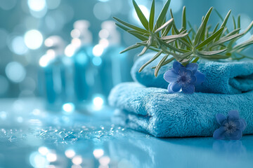A tranquil spa setting featuring soft blue towels, delicate flowers, and elegant glass bottles, creating a calming ambiance perfect for relaxation
