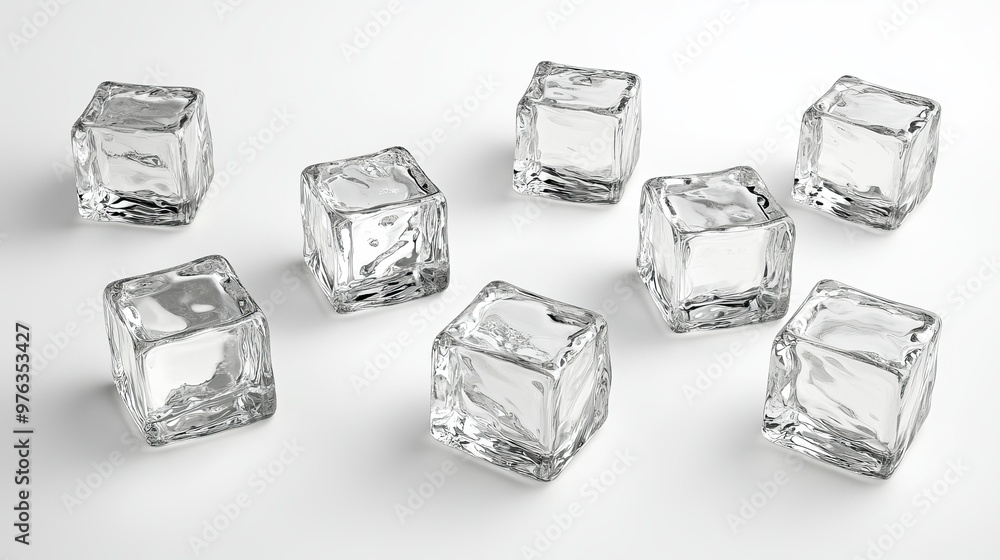 Poster set of crystalclear artificial acrylic ice cubes in a square shape 3d rendered on a white background
