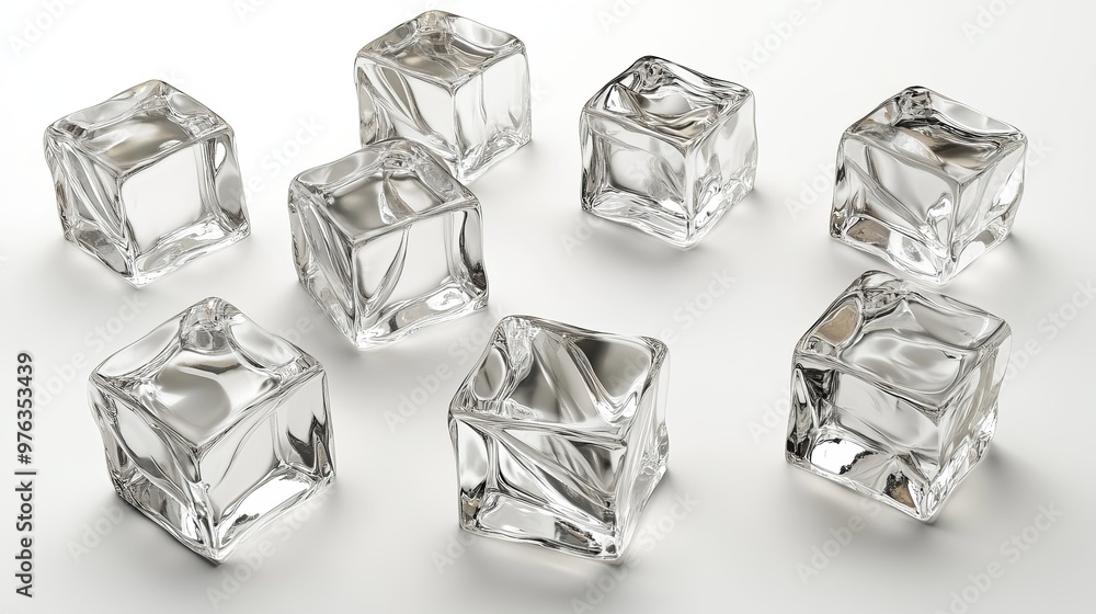 Poster set of crystalclear artificial acrylic ice cubes in a square shape 3d rendered on a white background