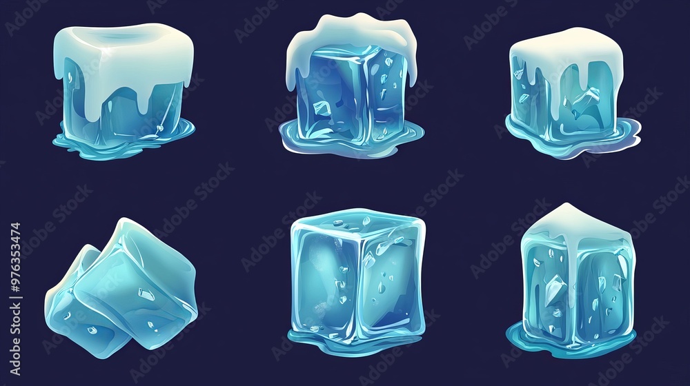 Poster set of melting ice cubes presented in a vector format includes additional elements like sculpture an
