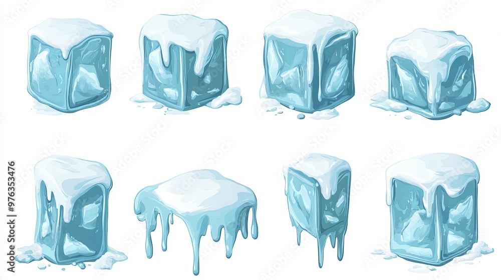 Poster set of melting ice cubes presented in a vector format includes additional elements like sculpture an