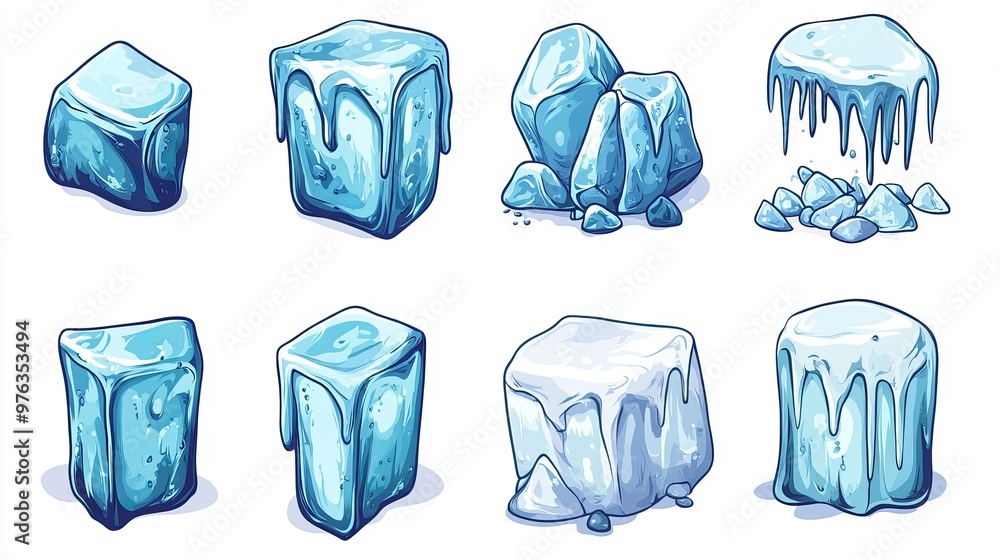 Poster set of melting ice cubes presented in a vector format includes additional elements like sculpture an