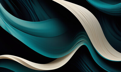 Abstract fluid wallpaper with smooth, undulating curves in shades of teal, black, and cream. Dynamic wavy patterns create a mesmerizing, contemporary design perfect for modern interiors.