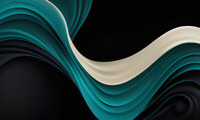 Abstract fluid wallpaper with smooth, undulating curves in shades of teal, black, and cream. Dynamic wavy patterns create a mesmerizing, contemporary design perfect for modern interiors.