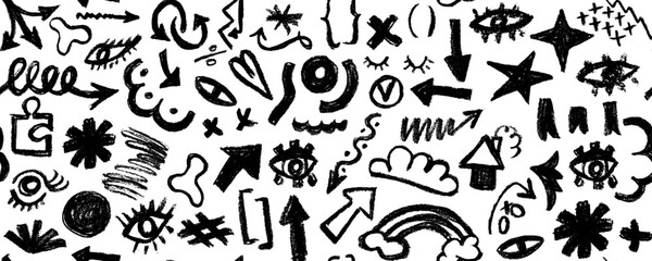 Obraz premium Seamless pattern of hand drawn black charcoal doodle shapes and squiggles in childish girly style. Pencil drawings isolated on white. Eyes, stars, arrows, rainbow and cloud doodle collage elements.