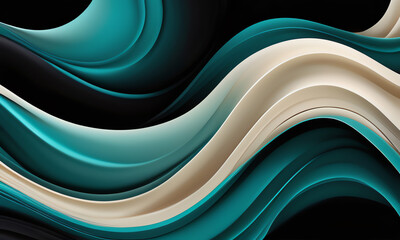 Abstract fluid wallpaper with smooth, undulating curves in shades of teal, black, and cream. Dynamic wavy patterns create a mesmerizing, contemporary design perfect for modern interiors.