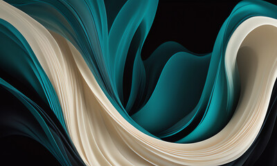 Abstract fluid wallpaper with smooth, undulating curves in shades of teal, black, and cream. Dynamic wavy patterns create a mesmerizing, contemporary design perfect for modern interiors.