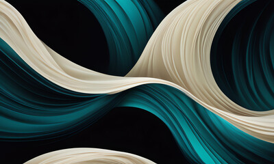 Abstract fluid wallpaper with smooth, undulating curves in shades of teal, black, and cream. Dynamic wavy patterns create a mesmerizing, contemporary design perfect for modern interiors.