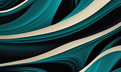 Abstract fluid wallpaper with smooth, undulating curves in shades of teal, black, and cream. Dynamic wavy patterns create a mesmerizing, contemporary design perfect for modern interiors.