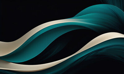 Abstract fluid wallpaper with smooth, undulating curves in shades of teal, black, and cream. Dynamic wavy patterns create a mesmerizing, contemporary design perfect for modern interiors.
