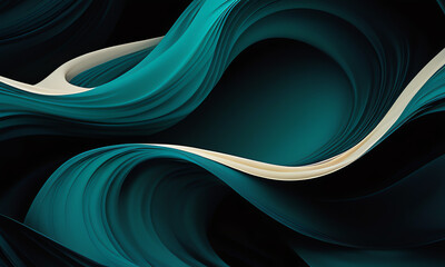 Abstract fluid wallpaper with smooth, undulating curves in shades of teal, black, and cream. Dynamic wavy patterns create a mesmerizing, contemporary design perfect for modern interiors.