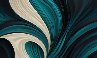 Abstract fluid wallpaper with smooth, undulating curves in shades of teal, black, and cream. Dynamic wavy patterns create a mesmerizing, contemporary design perfect for modern interiors.