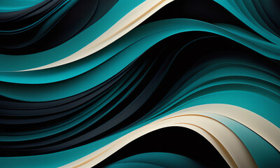 Abstract fluid wallpaper with smooth, undulating curves in shades of teal, black, and cream. Dynamic wavy patterns create a mesmerizing, contemporary design perfect for modern interiors.