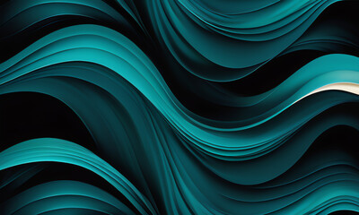 Abstract fluid wallpaper with smooth, undulating curves in shades of teal, black, and cream. Dynamic wavy patterns create a mesmerizing, contemporary design perfect for modern interiors.