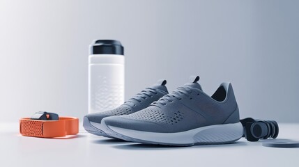 Running shoes, a water bottle, and a fitness tracker on a white background for an active lifestyle