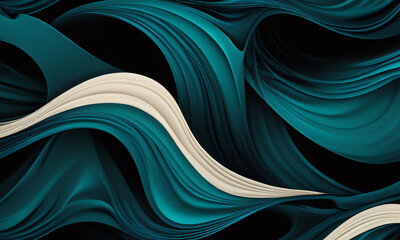 Abstract fluid wallpaper with smooth, undulating curves in shades of teal, black, and cream. Dynamic wavy patterns create a mesmerizing, contemporary design perfect for modern interiors.