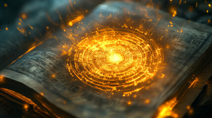 A glowing, fiery circle radiates from an ancient spellbook, as mystical runes and symbols light up the pages with magical energy.