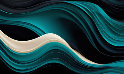 Abstract fluid wallpaper with smooth, undulating curves in shades of teal, black, and cream. Dynamic wavy patterns create a mesmerizing, contemporary design perfect for modern interiors.