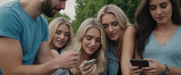 Young people sit on the sidewalk, looking at their cell phones