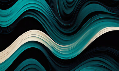Abstract fluid wallpaper with smooth, undulating curves in shades of teal, black, and cream. Dynamic wavy patterns create a mesmerizing, contemporary design perfect for modern interiors.