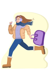 Female in winter clothes runing with bag vector flat colorful illustration. Hand drawn Girl in headphones, down jacket, sweater with scarf and ugg boots holding bag. Design for sale banner, background