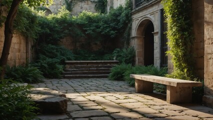 Naklejka premium Secret courtyard with stone bench and lush greenery under soft sunlight