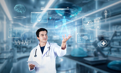 Doctor looking at medical data hologram and lab coat pointing at medical data while managing augmented reality technology and standing at laboratory with blurring background. Healthcare. Ingenuity.