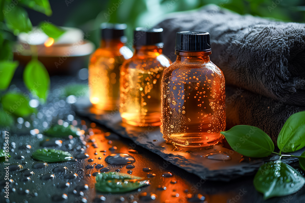 Poster three amber bottles filled with essential oils sit on a dark slate, surrounded by green leaves and s