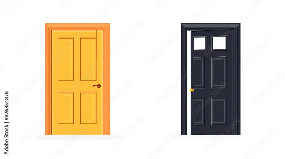 Poster vector illustration of doors both closed and open designed in a flat style and isolated on a white b
