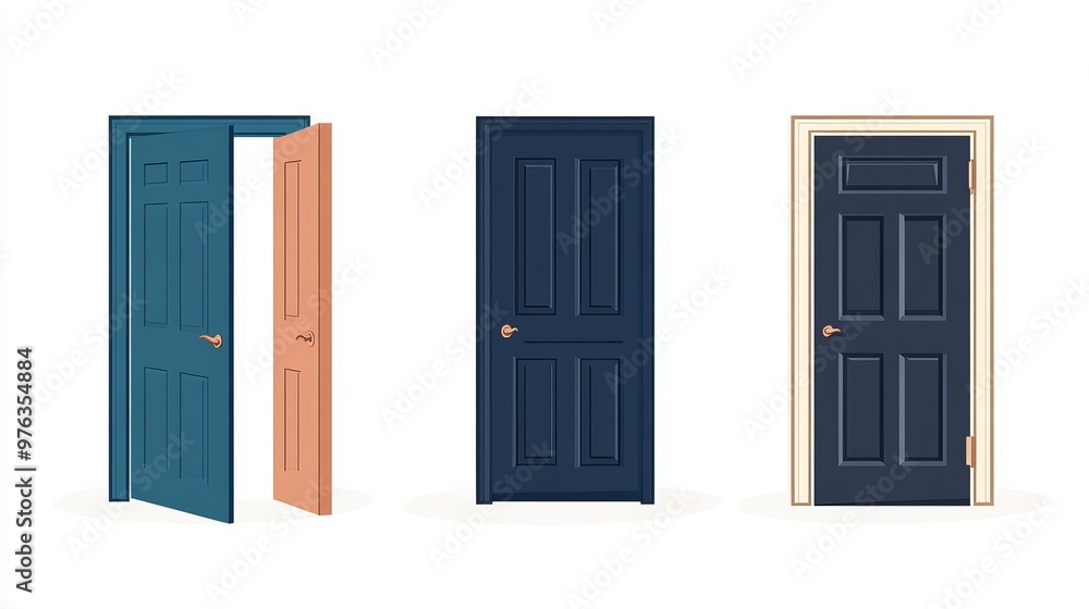Poster vector illustration of doors both closed and open designed in a flat style and isolated on a white b
