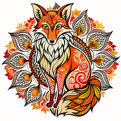 Obraz premium A detailed silhouette of a fox in mandala style, with swirling and floral designs filling the body, set against a white background.