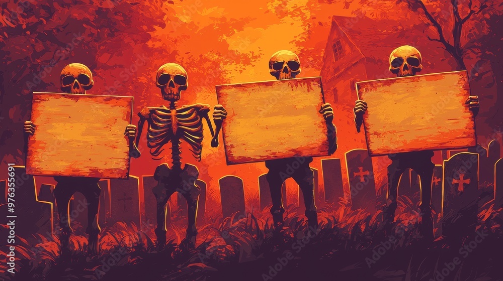 Wall mural Halloween banners featuring witch, skeleton, vampire, zombie, and werewolf hands. Illustrations of Halloween monster hands gripping gravestones and blank paper.