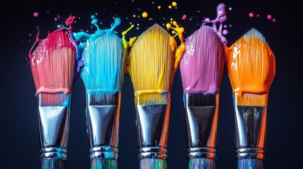 Vibrant Paintbrushes with Colorful Paints in Artistic Splashes
