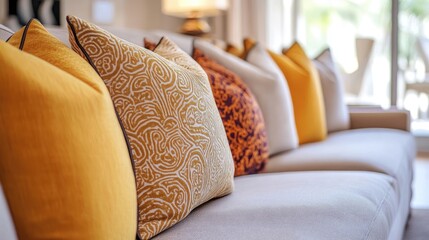 A close-up of decorative pillows on a stylish sofa in a chic living room