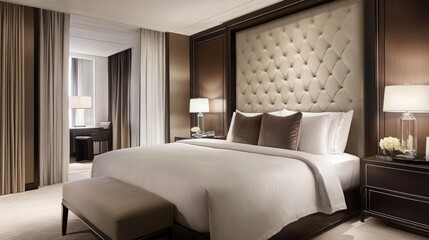 Fototapeta premium A contemporary bedroom featuring a king-size bed with luxurious bedding