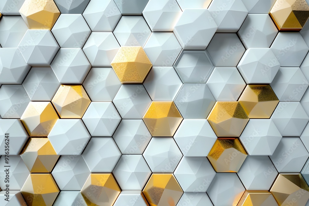 Poster modern hexagonal pattern with gold accents on a light background