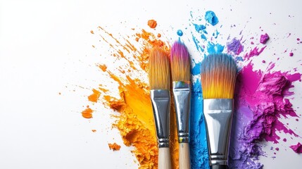 Vibrant Paintbrushes with Colorful Paints in Artistic Splashes