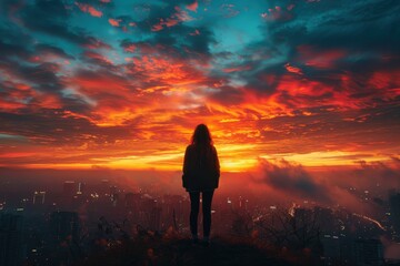 Fototapeta premium Someone standing on a hill looking at a city at sunset