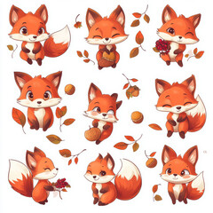 Fototapeta premium A set of red fox emoticons, flower-shaped tails and holding acorns and berries in various poses with cute expressions