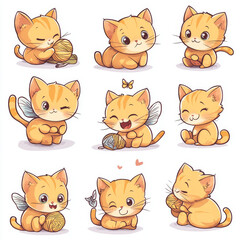 Fototapeta premium A set of yellow kitten emoticons, butterfly-shaped ears and holding fish toys and yarn balls in various poses with cute expressions.