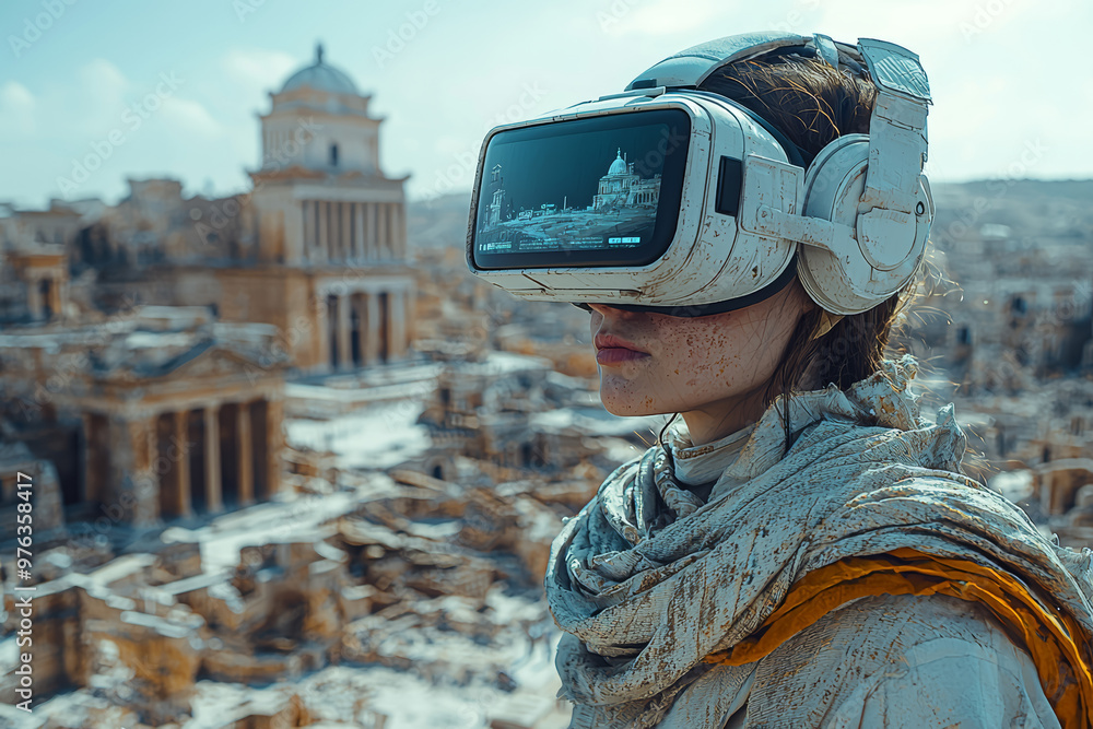 Poster a vr headset user exploring an ancient, digitally recreated cityscape, experiencing historical landm