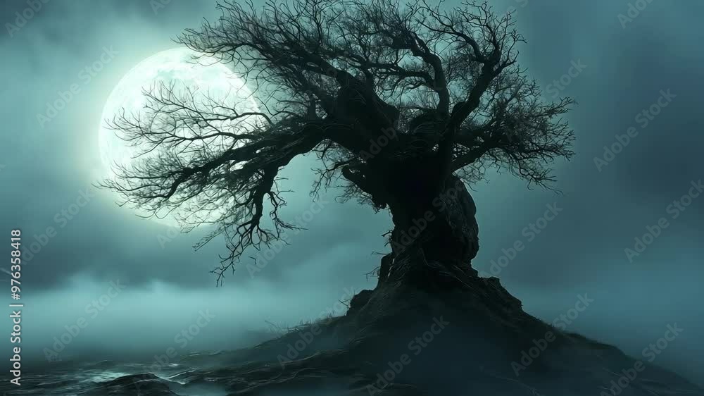 Poster a large tree is standing in front of a full moon in a foggy, dark forest. the scene is eerie and mys
