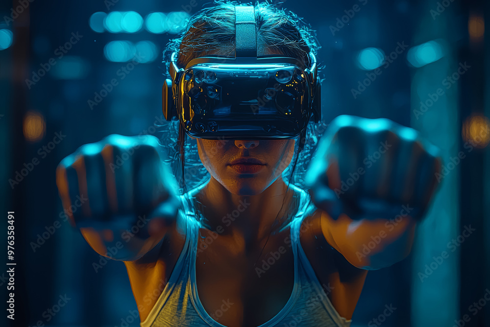 Poster a vr fitness application in use, with a person performing dynamic exercises in a simulated environme