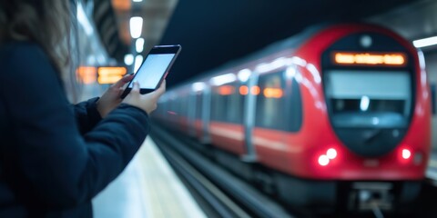 A person uses a tablet while waiting for a red subway train to arrive at an underground platform, highlighting urban commuting and technology use.