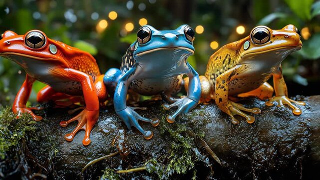 Three frogs are sitting on a log, one is red, one is blue, and one is yellow