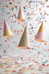 Whimsical party decorations with colorful confetti and paper cone shapes