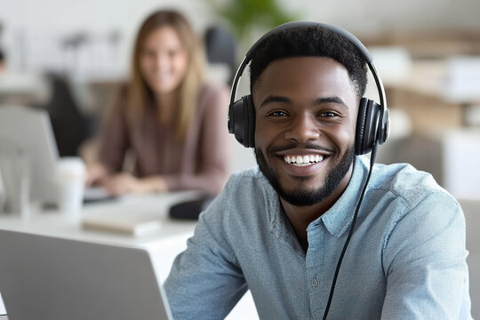 young black male consultant engages with customers at a contact center