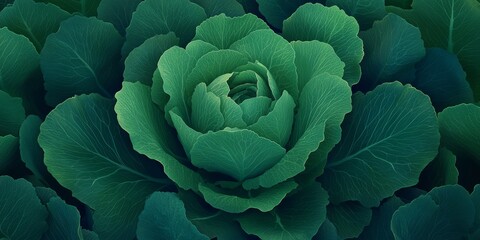 Obraz premium A cinematicstyle photograph of a green vegetable with intricate folds surrounded by vegetables in shades of mint forest green and teal The vegetables are densely packed in a compact arrangement with m