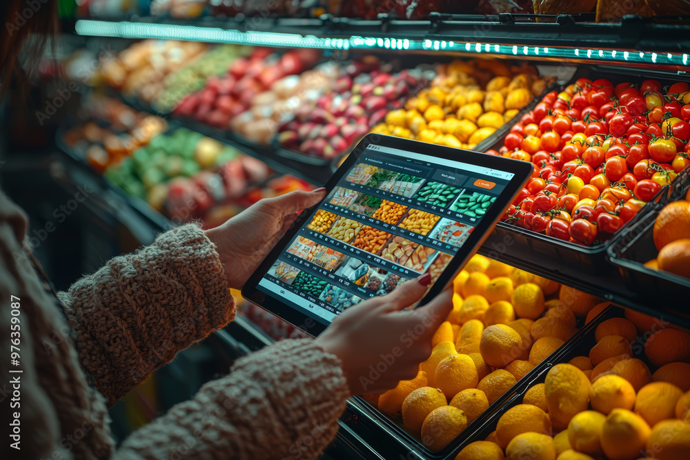 Poster a person using a tablet to add items to their virtual shopping cart while shopping online. concept o