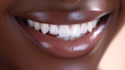 Naklejka premium CloseUp of a Smiling Woman's Mouth with Dark Skin Displaying Bright White Teeth Perfect for Dental Advertising and Health Campaigns